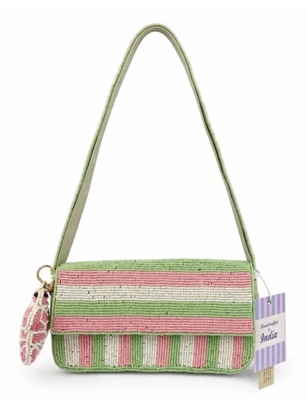 Viral Made In India Beaded Shoulder Bag Pink Green Stripe Turtle Charm Bag  NWT